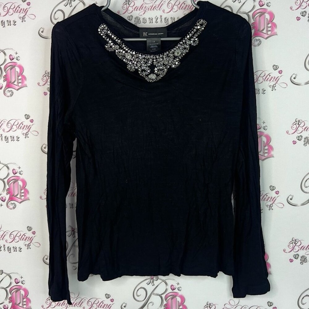 INC International Concepts long sleeve jewels diamonds Black Embellished Blouse